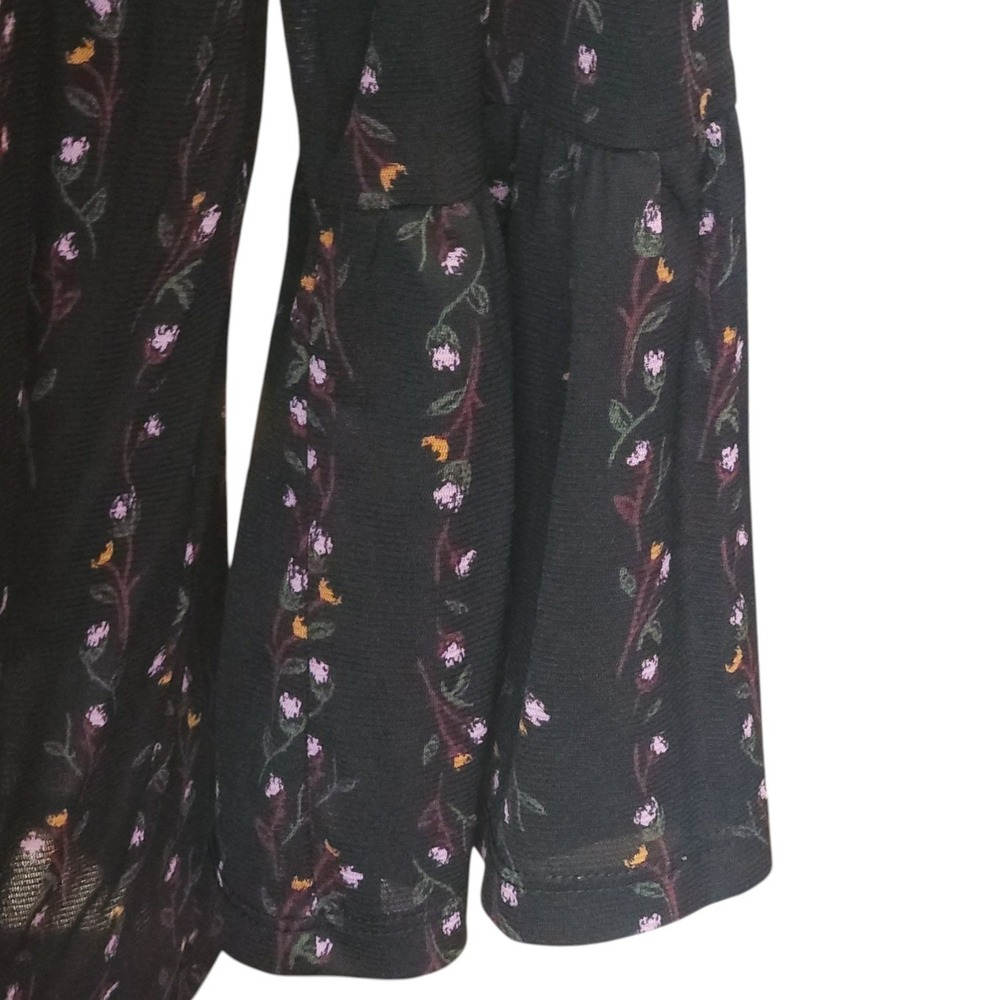 Black Sheer Mesh Floral Embroidered Boho Blouse Bell Sleeve Whimsigoth Top XL - Picture 4 of 9